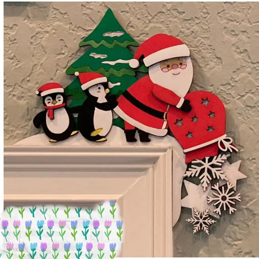 Christmas Wooden Corner Door Frame Decoration - Cartoon Santa Claus Décor for Festive Home Touches