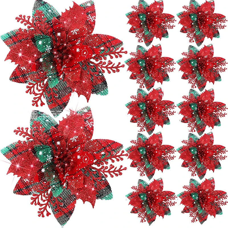 Glitter Artificial Christmas Flowers – 1, 5, or 10pcs, Christmas Tree Decorations, New Year Ornaments, Xmas Fake Flowers