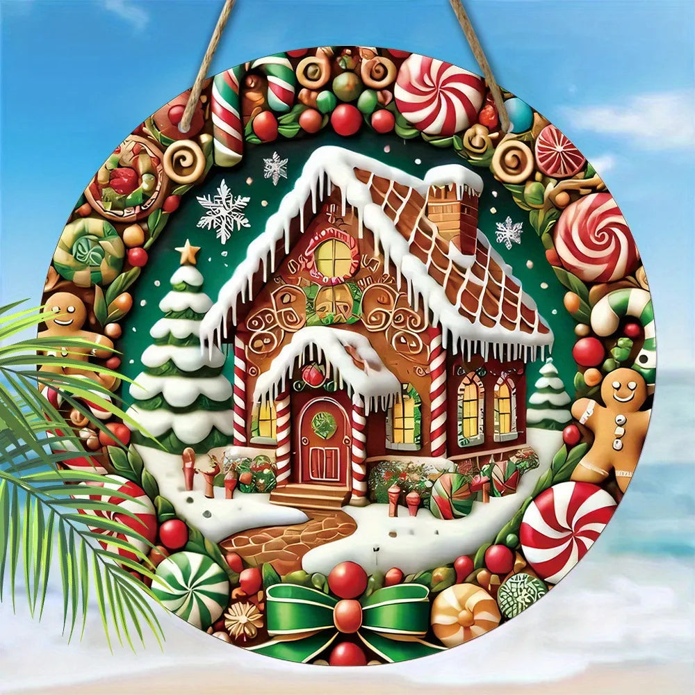 Christmas Gingerbread House Wooden Pendant: Candy Cane & Snowflake Festive Decoration for Doorway & Yard