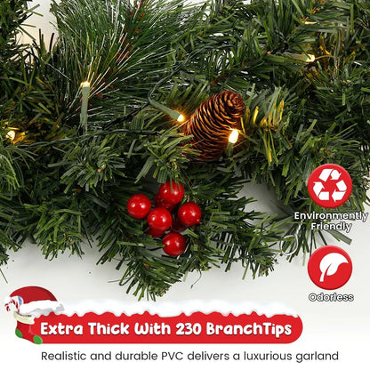 Christmas LED Rattan Wreath with Pine Cones & Red Berries – Artificial Xmas Garland for Tree, Door & Banner Decoration