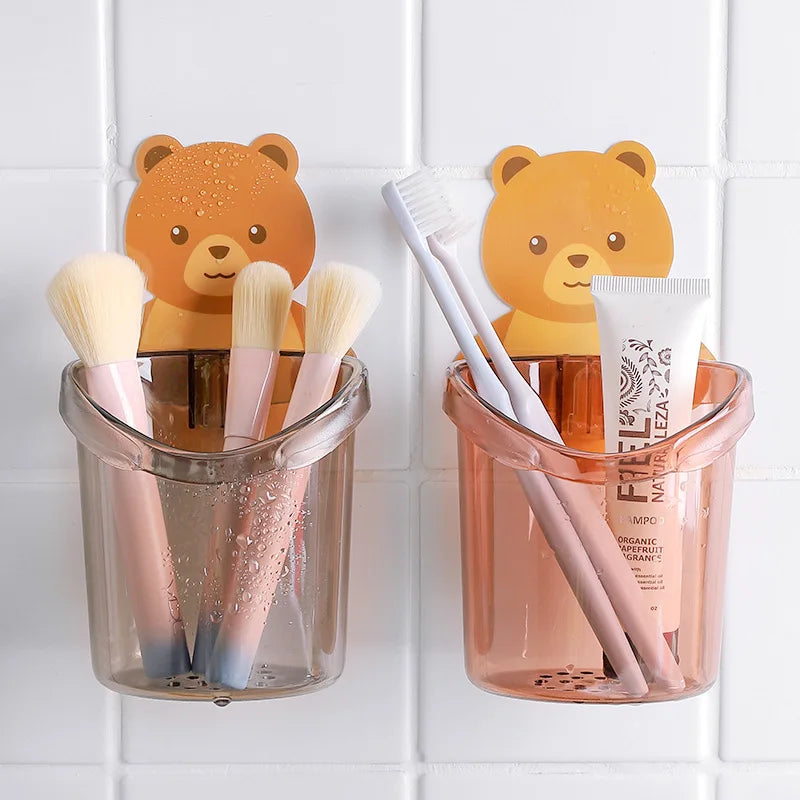 1PCS Teddy Bear Wall-Mounted Toothbrush Holder Cup – Punch-Free Storage Rack for Bathroom Accessories