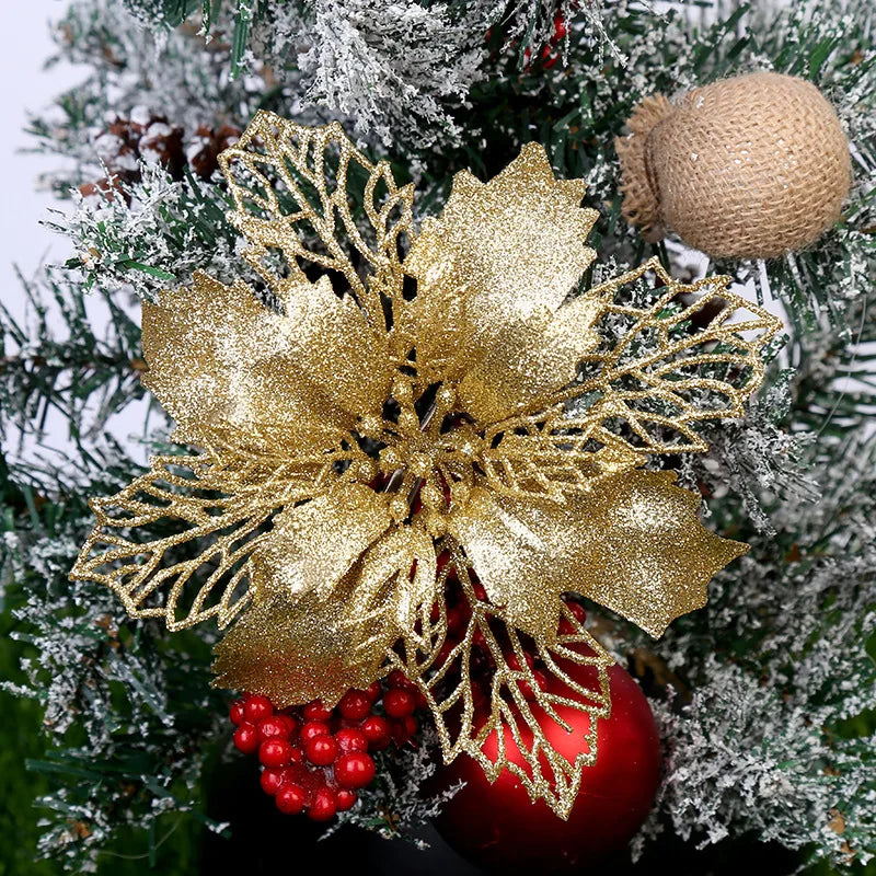 10PCS Artificial Christmas Tree Flower Glitter Decorations – Sparkling Xmas Ornaments for Tree & Holiday Décor