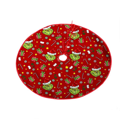 Grinch-Style Red Christmas Tree Skirt: Fun Holiday Base Mat with Santa & Snowflake Design