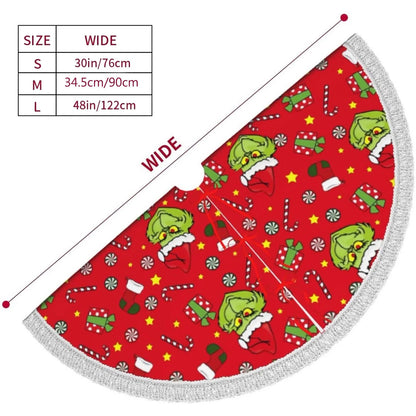 Grinch-Style Red Christmas Tree Skirt: Fun Holiday Base Mat with Santa & Snowflake Design