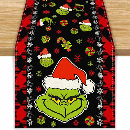 Grinch Theme Plaid Christmas Trees  Table Runner: Festive Holiday Décor for Kitchen and Dining Table