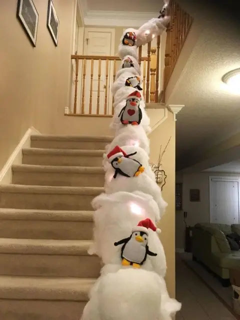 Christmas Stair Decoration Set – Faux Snow Cotton Carpet with Sliding Penguins for Festive Staircase Décor