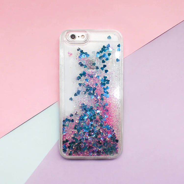 Love Heart &amp; Stars Glitter Phone Case for iPhone 15, 14, 13, 12, 11 Pro Max, XS, XR, 7, 8  – Dynamic Liquid Quicksand Back Cover