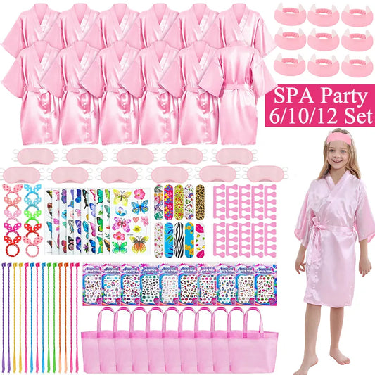 6/10/12 Set Spa Birthday Party Robes Gowns for Girls Kimono Satin Robe Hot Pink Spa Party Favors for Kids Child Birthday Spa Kit