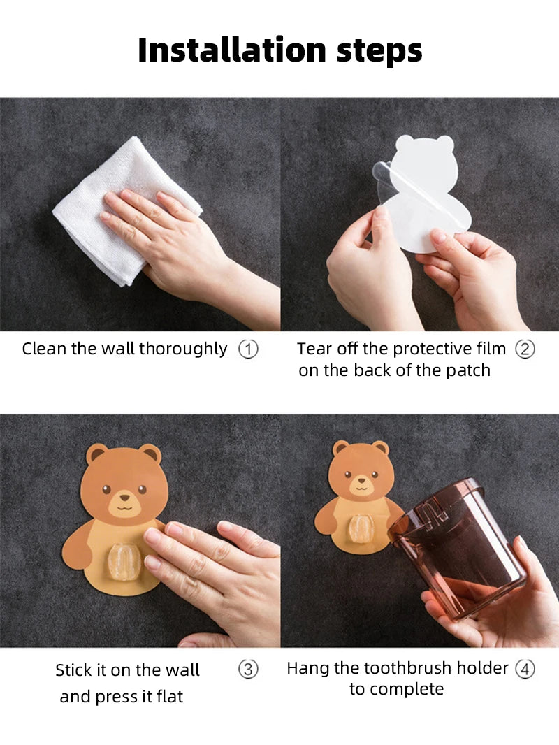 1PCS Teddy Bear Wall-Mounted Toothbrush Holder Cup – Punch-Free Storage Rack for Bathroom Accessories