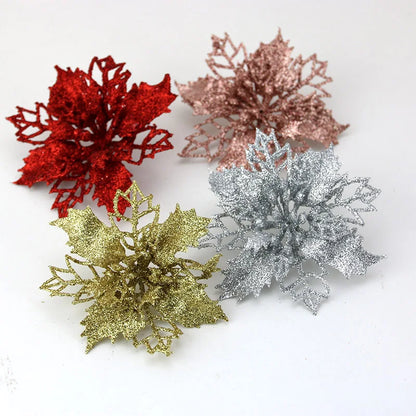 10PCS Artificial Christmas Tree Flower Glitter Decorations – Sparkling Xmas Ornaments for Tree & Holiday Décor