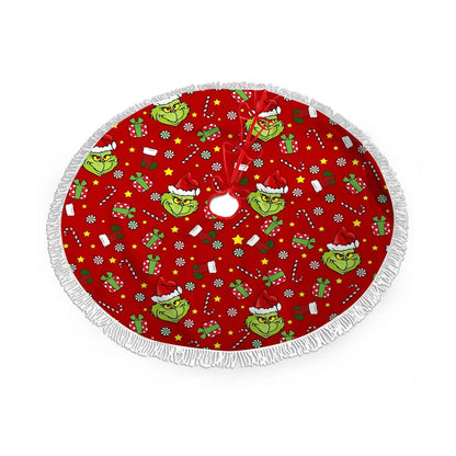 Grinch-Style Red Christmas Tree Skirt: Fun Holiday Base Mat with Santa & Snowflake Design