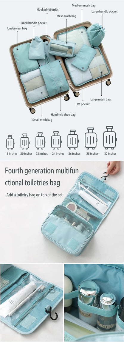 8/10-Piece Travel Storage Bag Set - Large Capacity Toiletries, Cosmetics, and Clothing Organizers for Efficient Packing