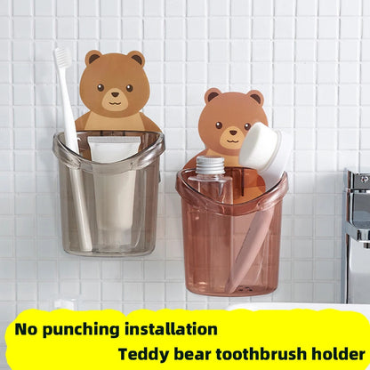 1PCS Teddy Bear Wall-Mounted Toothbrush Holder Cup – Punch-Free Storage Rack for Bathroom Accessories