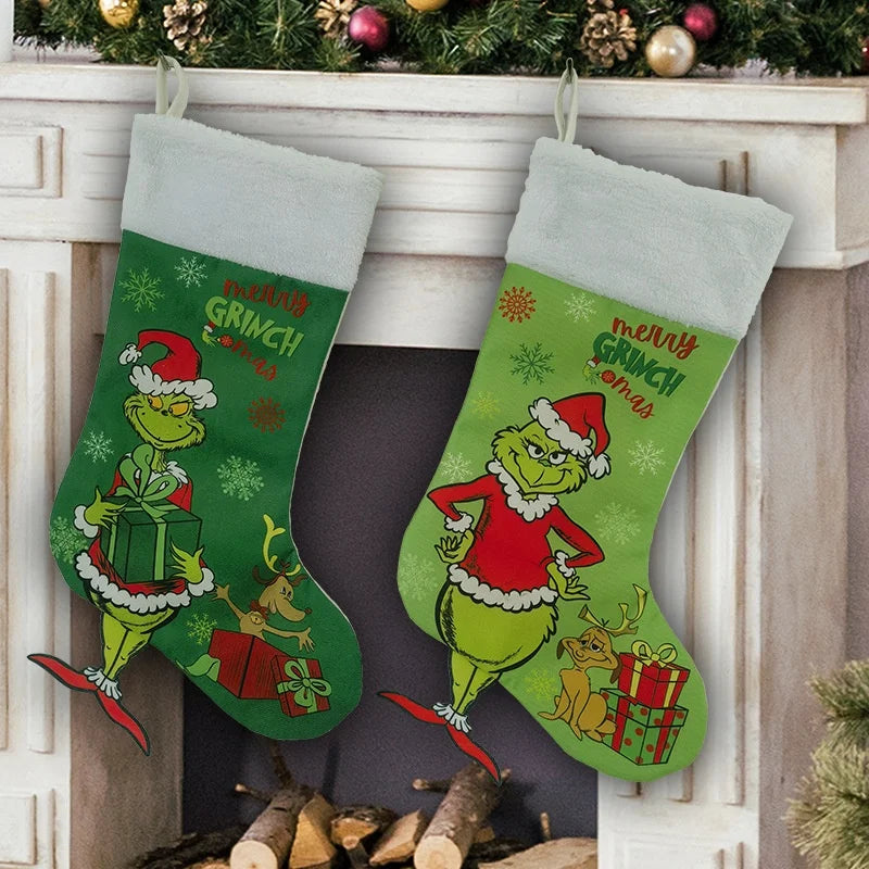 Green Shaggy Christmas Figure Set – Stockings, Tree Skirt, Table Flag & Chair Decorations