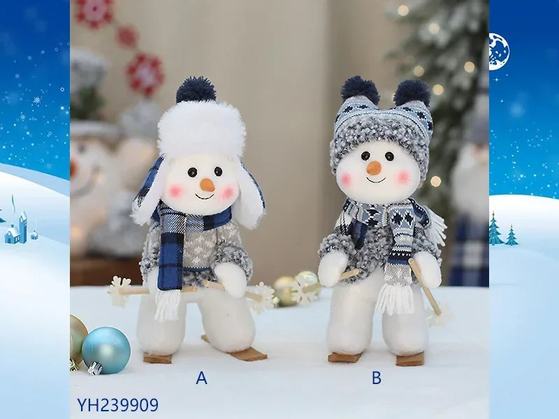 New Snowman Figure Christmas Decoration – Blue Cloth Ski Snowman Plush Doll for Living Room & Bedroom