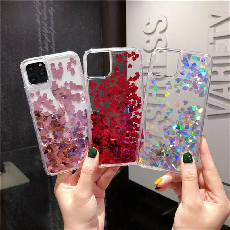 OTTWN Glitter Sequins Love Heart Case for iPhone 13, 12, 11 Pro Max, XS Max, XR, 7, 8 Plus, SE – Clear Dynamic Liquid TPU Cover