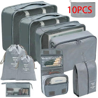 8/10-Piece Travel Storage Bag Set - Large Capacity Toiletries, Cosmetics, and Clothing Organizers for Efficient Packing