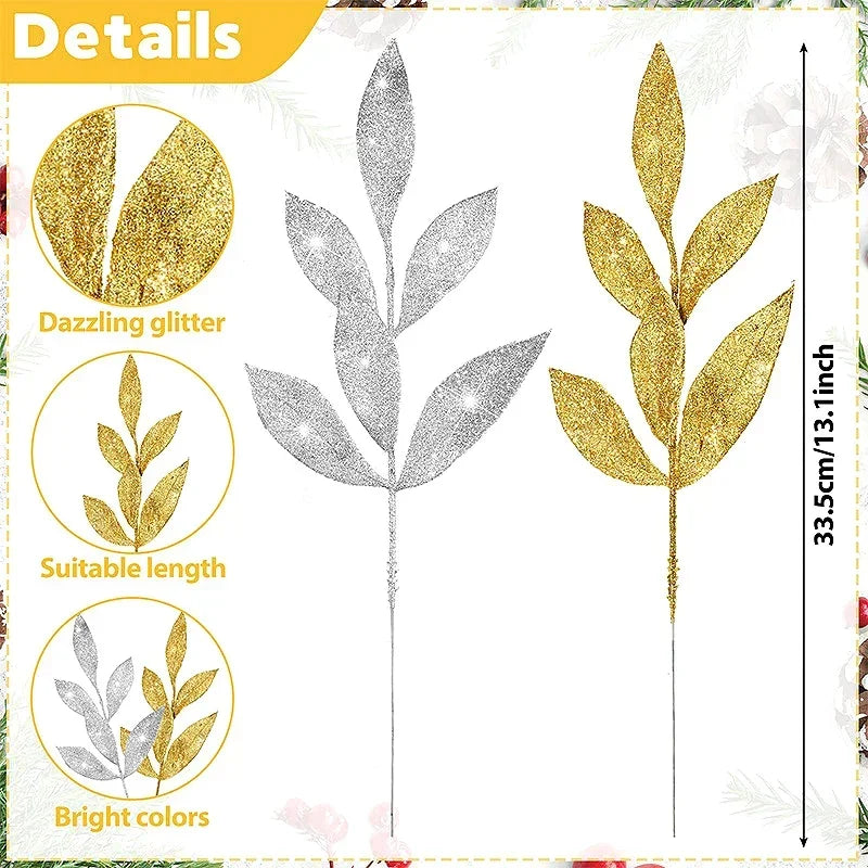 Simulated Gold Olive Leaves Branch – Artificial Shiny Gold Powder Olive Leaf for Christmas Tree, Wreath & Garland Decoration