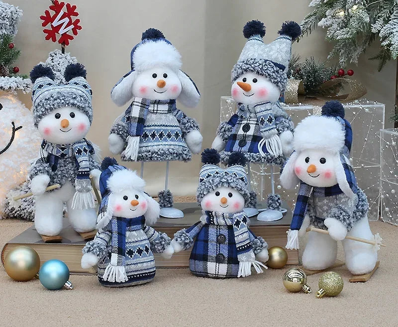 New Snowman Figure Christmas Decoration – Blue Cloth Ski Snowman Plush Doll for Living Room & Bedroom