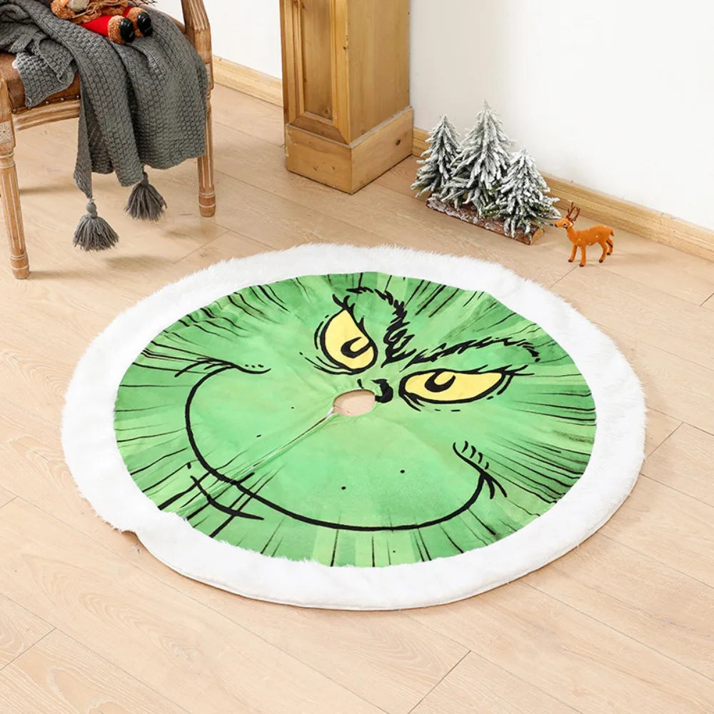 Grinch-Themed Glowing Green Fur Tree Skirt: Light-Up Plush Christmas Tree Apron for Festive Décor