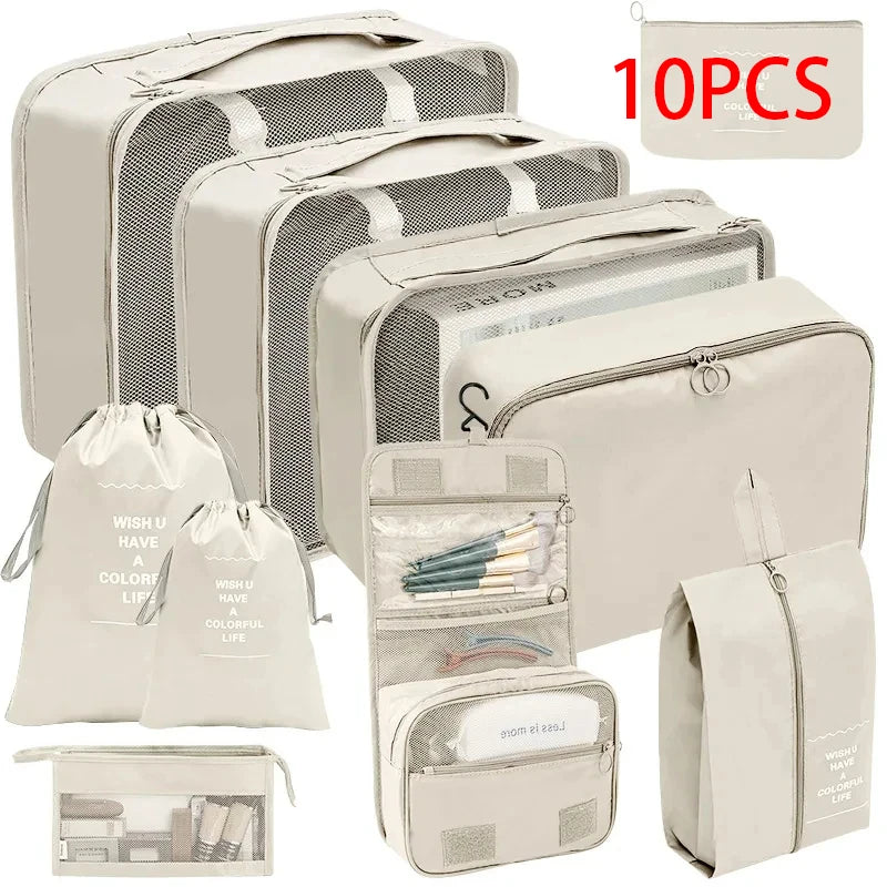 8/10-Piece Travel Storage Bag Set - Large Capacity Toiletries, Cosmetics, and Clothing Organizers for Efficient Packing