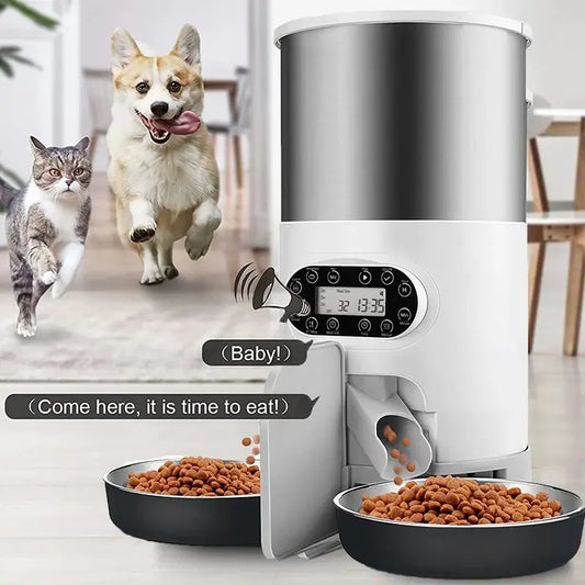 Gadget Kingdom™ Dual Bowl Automatic Feeder – Stainless Steel Pet Feeder with Recording & Timed Feeding