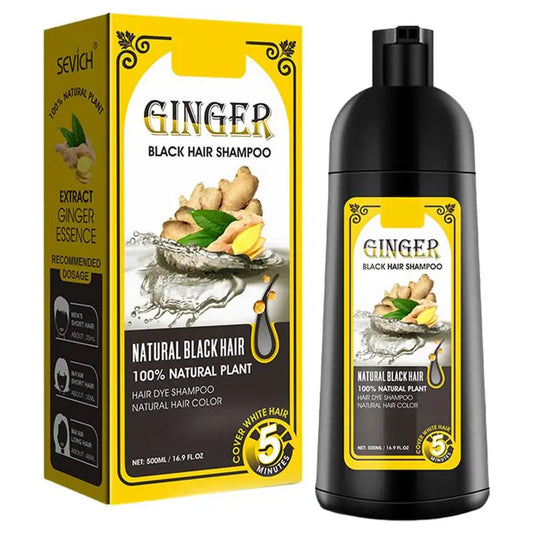 500ml Herbal Black Hair Dye Shampoo – Natural Hair Colour, Covers Grey & White Hair, Nourishing Ginger Shampoo