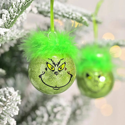 12pcs Grinch Cat Face Christmas Ball Ornaments: 6cm Green Carnival Fruit Pendant Tree Decorations for Holiday Festivities