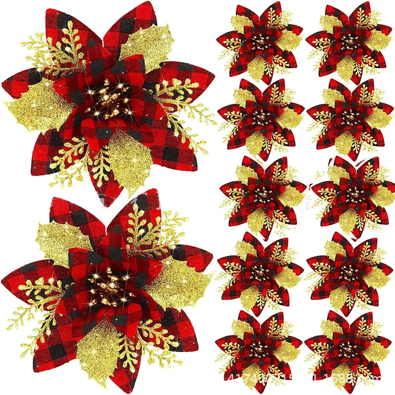 Glitter Artificial Christmas Flowers – 1, 5, or 10pcs, Christmas Tree Decorations, New Year Ornaments, Xmas Fake Flowers