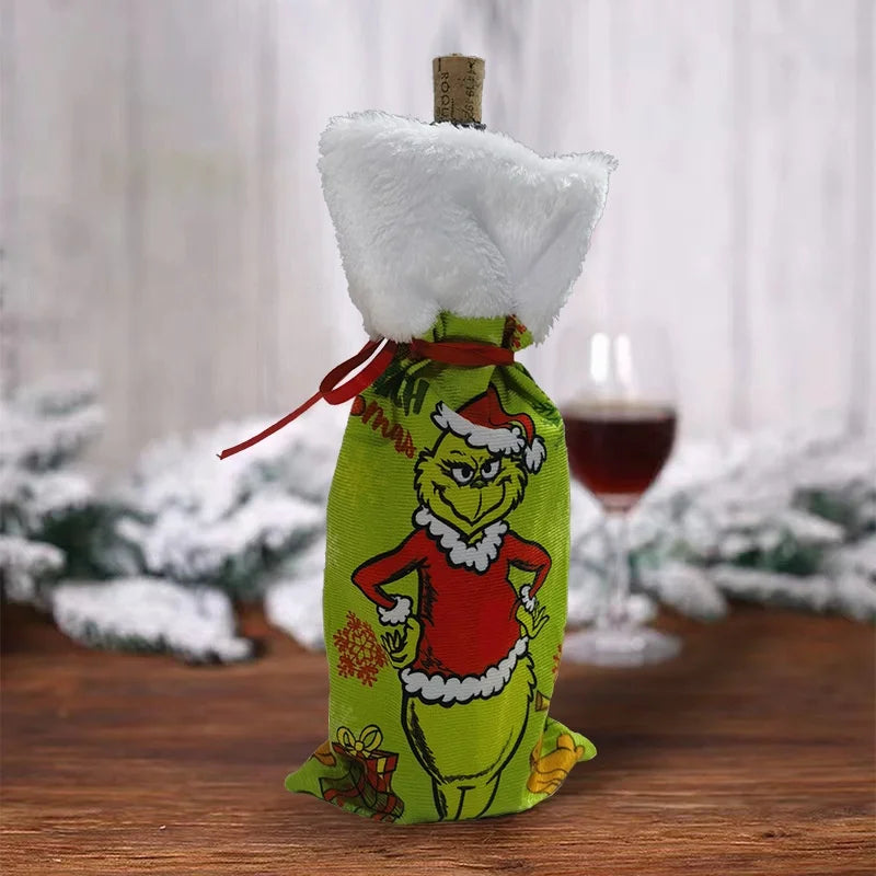 Green Shaggy Christmas Figure Set – Stockings, Tree Skirt, Table Flag & Chair Decorations