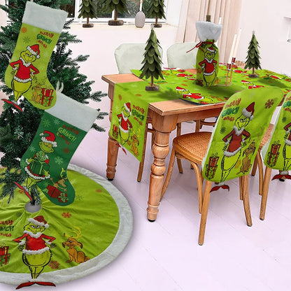 Green Shaggy Christmas Figure Set – Stockings, Tree Skirt, Table Flag & Chair Decorations