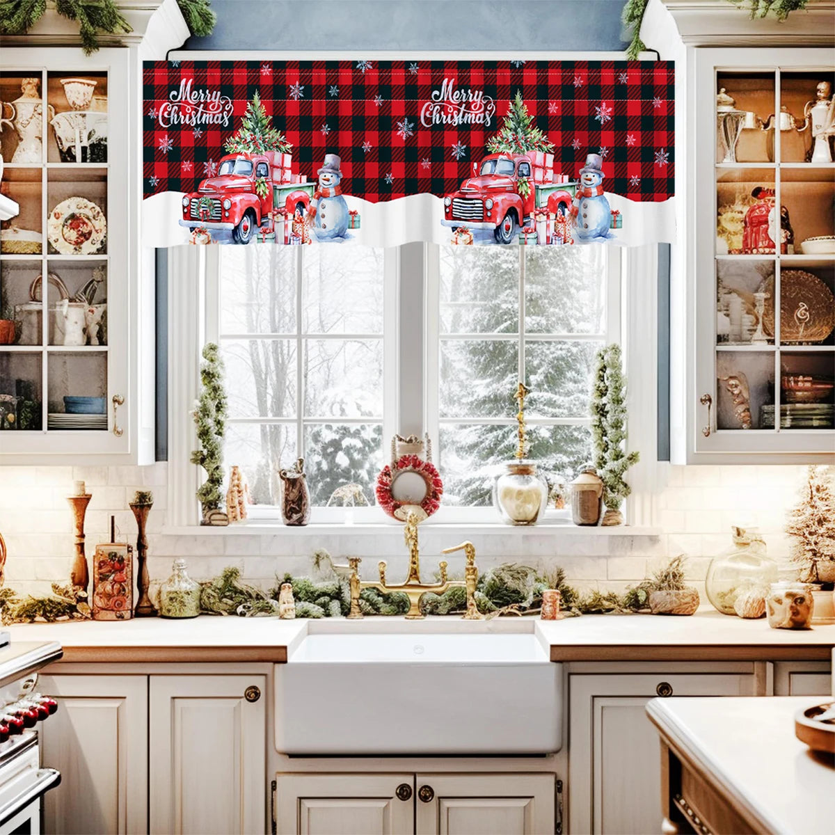 Christmas Tree Short Curtains: Snowman & Holiday Backdrop, Festive Home Decorations for Christmas 2024 & New Year 2025