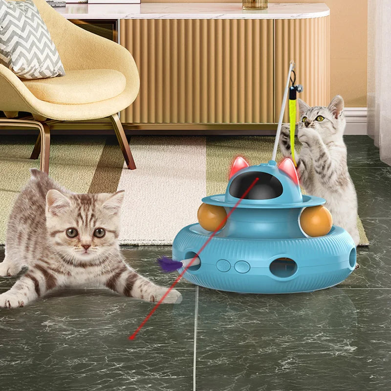 4-in-1 Interactive Cat Toy: USB-Charging Smart Turntable with Teaser Stick, Ball Chase, Feather Catcher & LED Light for Active Play & Training