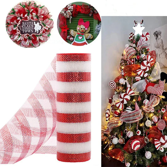 10-Yard Christmas Red &amp; White Metallic Mesh Ribbon – Candy Cane Decoration for DIY Wreaths, Tree Bows & Holiday Crafts