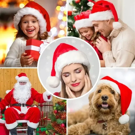 1/2/3/5 Plush Christmas Santa Hats for Adults & Kids & Pet Buddies !!! Thick Red Winter Caps for Festive Parties & Holiday Gifts