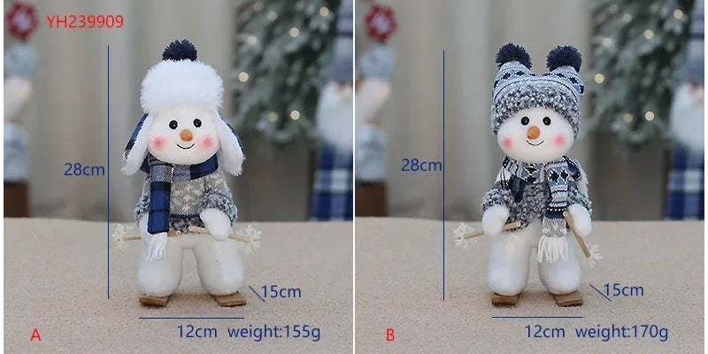 New Snowman Figure Christmas Decoration – Blue Cloth Ski Snowman Plush Doll for Living Room & Bedroom