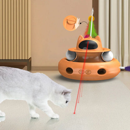 4-in-1 Interactive Cat Toy: USB-Charging Smart Turntable with Teaser Stick, Ball Chase, Feather Catcher & LED Light for Active Play & Training