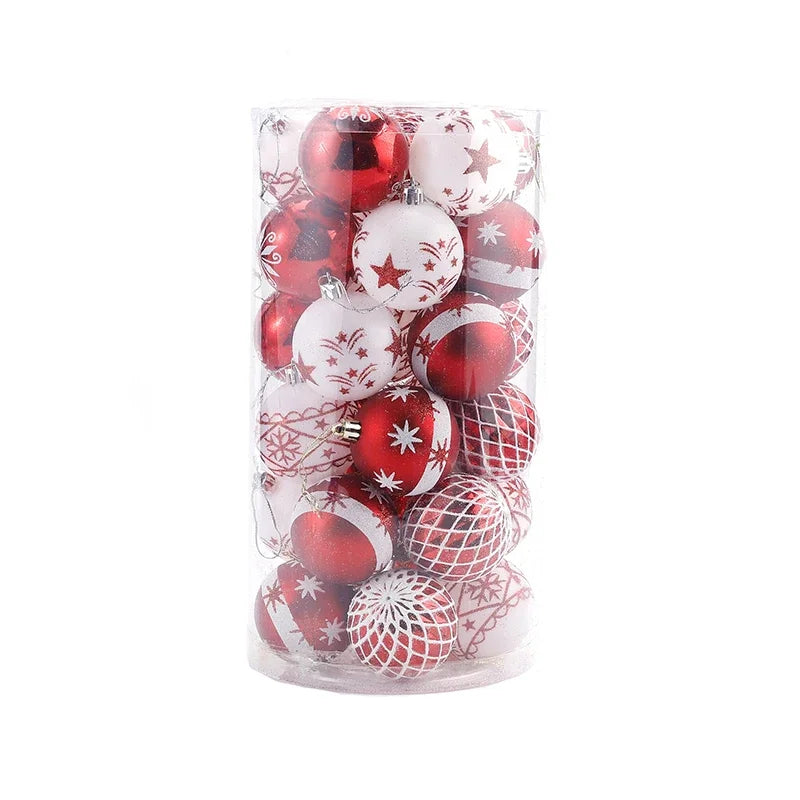 30Pcs Christmas Ball Ornaments Set 6cm Hanging Red Snowflake Star Print Ball Decorations Shatterproof Baubles for Party