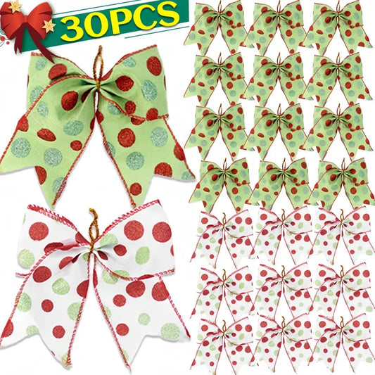 30PCS Christmas Bow Green Ribbons: Xmas Tree Bowknot Ornaments for Home, Party & DIY Gift Box Decorations