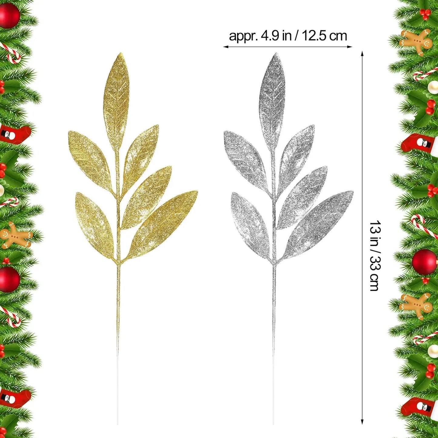 Artificial Glitter Olive Leaves: 1-20PCS Gold and Silver Xmas Tree Ornaments for DIY Christmas Décor, Home, and Party Decorations