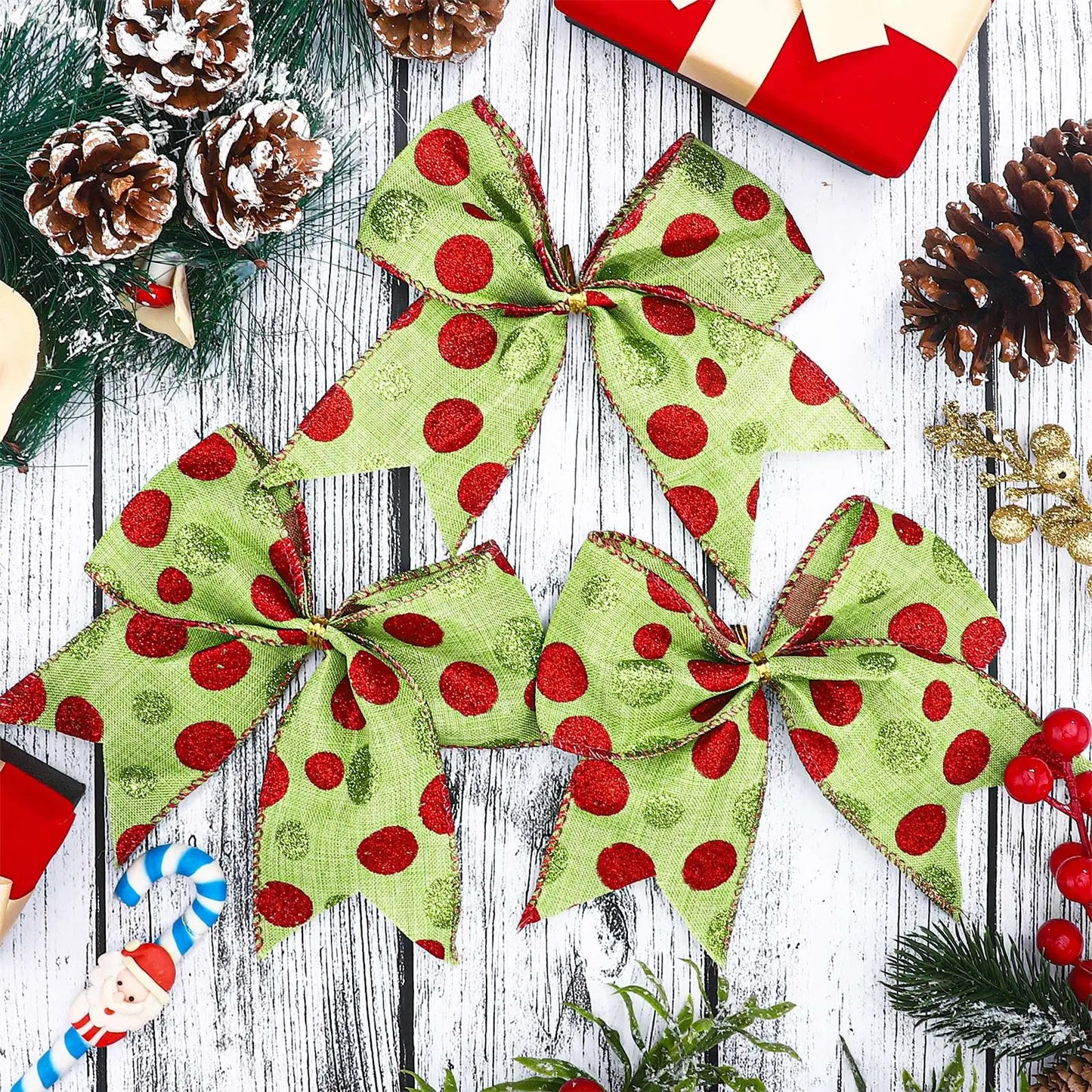 8PCS Red and Green Christmas Polka Dot Bows: Holiday Gift Box, Tree, and Garland Decorations