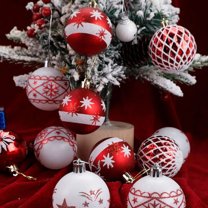 30Pcs Christmas Ball Ornaments Set 6cm Hanging Red Snowflake Star Print Ball Decorations Shatterproof Baubles for Party