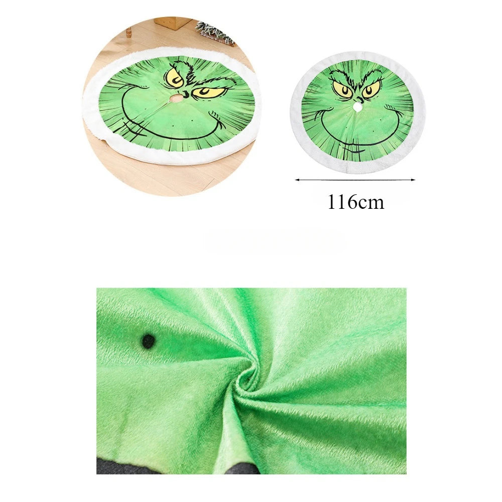 Grinch-Themed Glowing Green Fur Tree Skirt: Light-Up Plush Christmas Tree Apron for Festive Décor