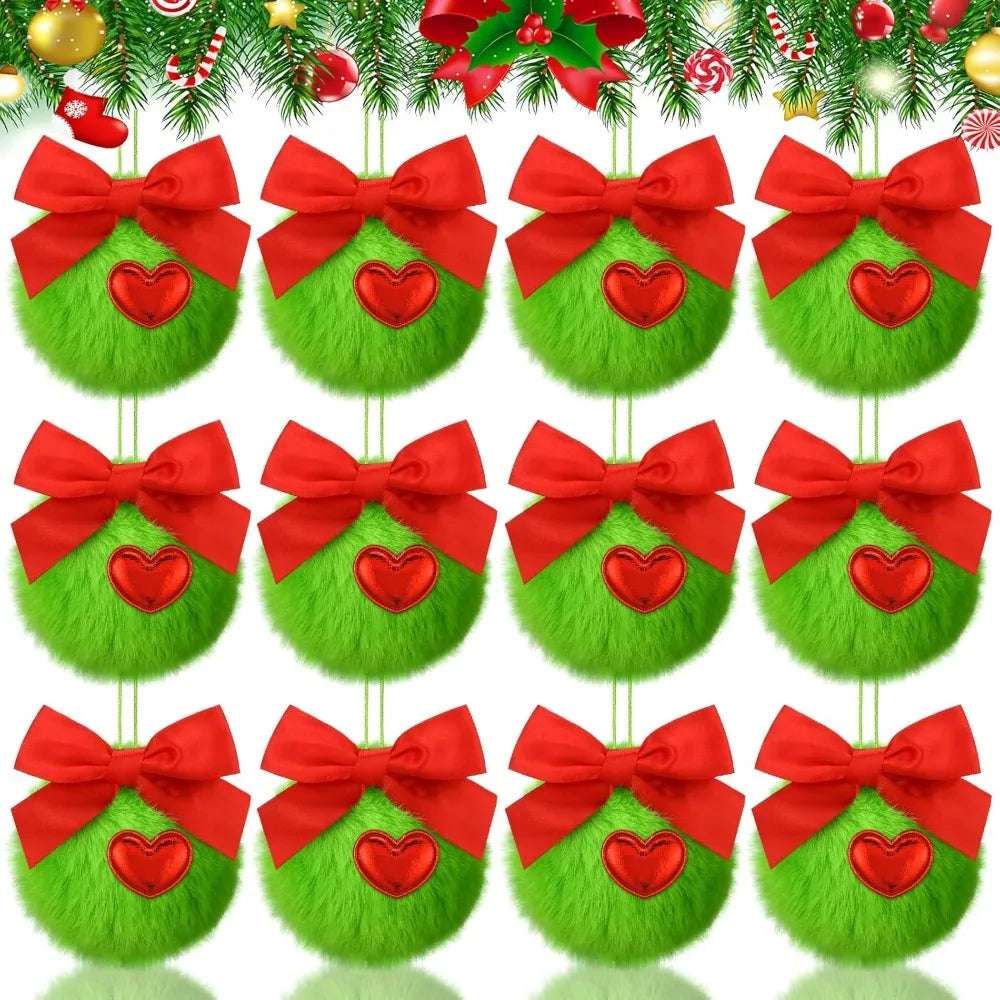 12 Pcs Furry Green Christmas Ball Ornaments: Cute Elf Christmas Decorations with Red Bow for Holiday Tree Decor