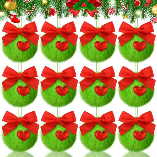 12 Pcs Furry Green Christmas Ball Ornaments: Cute Elf Christmas Decorations with Red Bow for Holiday Tree Decor