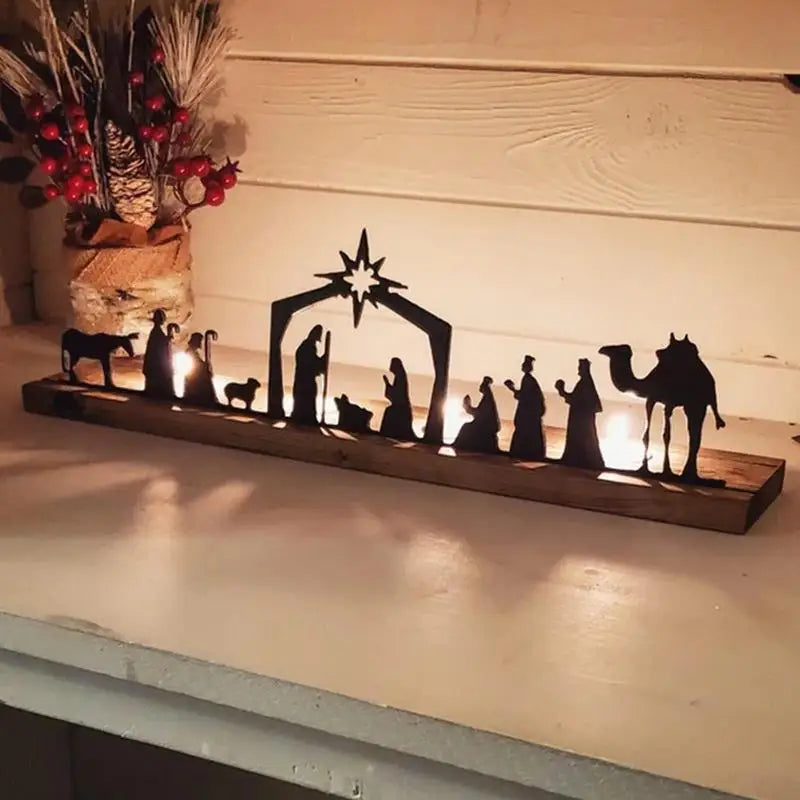 Nativity Scene Tealight Holder: Metal Silhouette & Wooden Candle Holder for Christmas Décor