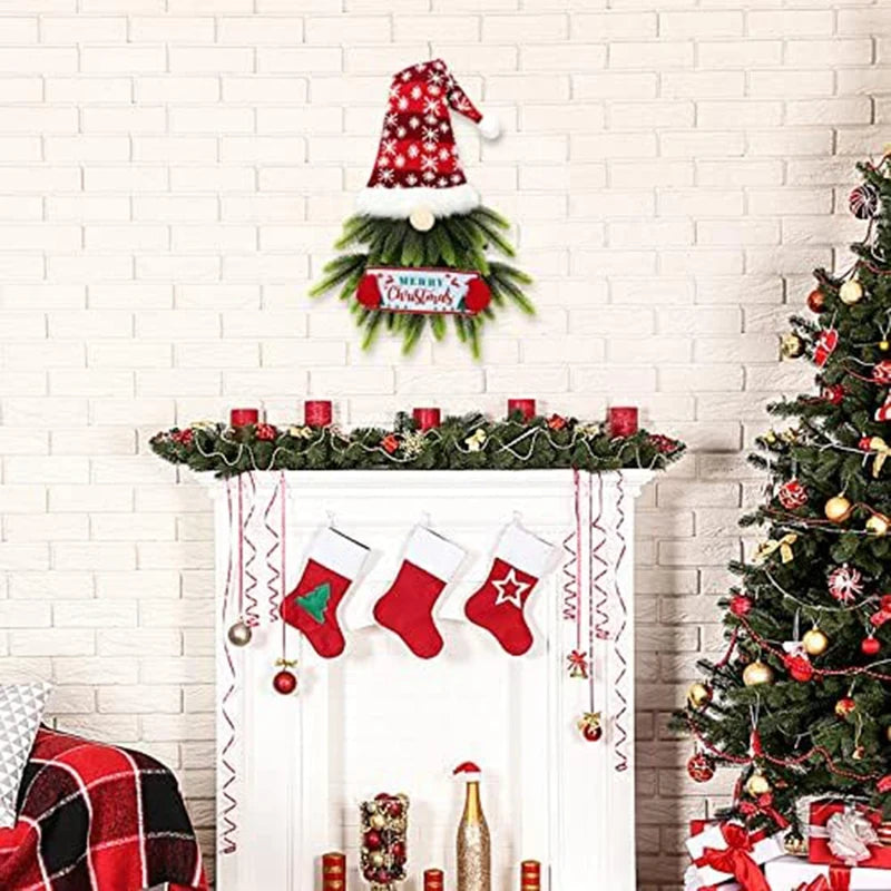 Festive Christmas Wreath with Santa Hanging Sign: Artificial Holiday Décor for Front Door, Windows, and Walls