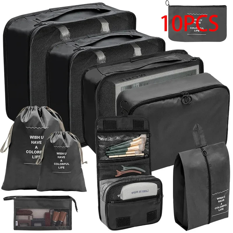 8/10-Piece Travel Storage Bag Set - Large Capacity Toiletries, Cosmetics, and Clothing Organizers for Efficient Packing