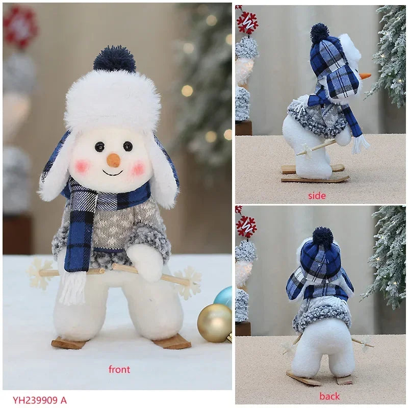 New Snowman Figure Christmas Decoration – Blue Cloth Ski Snowman Plush Doll for Living Room & Bedroom