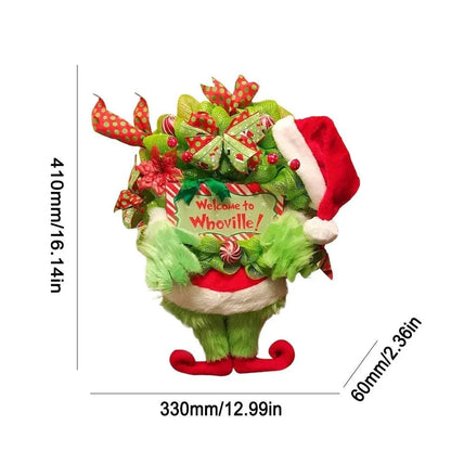 écor – Plush Green Hairy Monster Grinch Leg Wreath Hanging Ornament 2